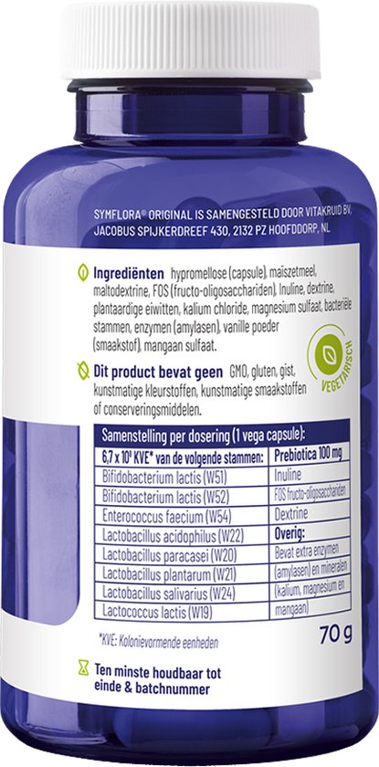Donkerblauwe pot met 90 vega capsules. Met ingrediënten, samenstelling, gewicht en vegetarisch keurmerk.