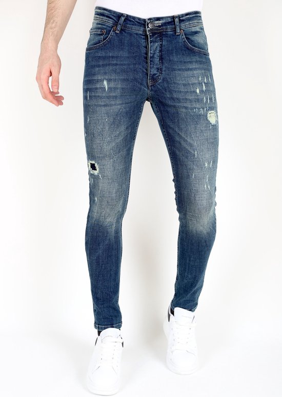 Blauwe Slim Fit Jeans met Scheuren Heren -MM118- Blauw