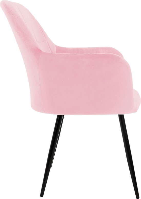 Profil latéral d'une chaise de salle à manger en velours rose avec pieds noirs en métal.