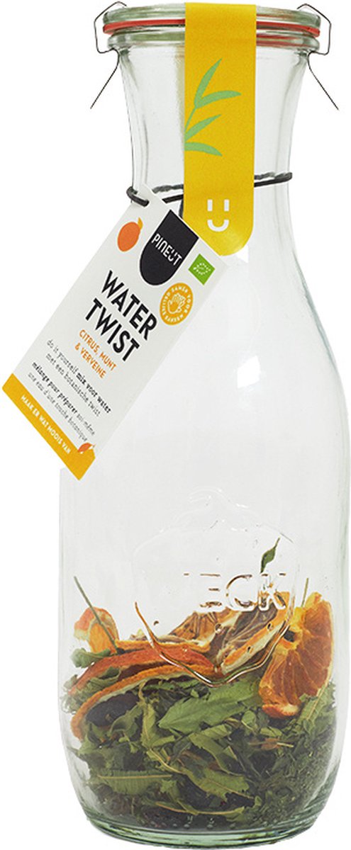 Pineut ® Verjaardag Cadeau Vrouw - Watertwist - Tafelwater Citrus, Munt & Verveine - Waterkaraf met deksel - Waterkan Glas 1L - Orginineel cadeau - Water met een smaakje - Hervulbaar - Gezond & Gezellig genieten