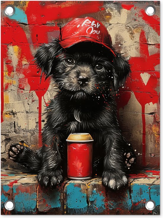 Tuinposter 30x40 cm - Tuindecoratie - Graffiti - Hond - Pet - Puppy - Rood - Street art - Dier - Poster voor in de tuin - Buiten decoratie - Schutting tuinschilderij - Muurdecoratie - Tuindoek - Buitenposter..