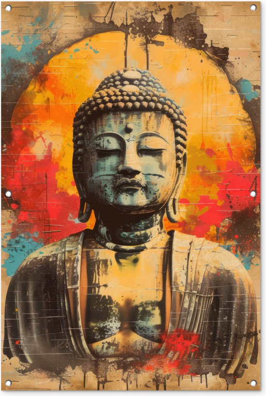 Tuinposter 80x120 cm - Tuindecoratie - Boeddha - Graffiti - Street art - Boedha beeld - Buddha - Poster voor in de tuin - Buiten decoratie - Schutting tuinschilderij - Muurdecoratie - Tuindoek - Buitenposter..