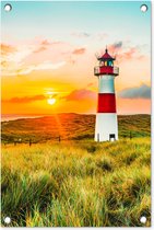 Tuinposter vuurtoren - Tuindecoratie waddenzee duinen - 40x60 cm - Strand en duinen - Poster voor in de tuin - Buiten decoratie van de wadden - Schutting tuinschilderij - Tuindoek muurdecoratie - Wanddecoratie balkondoek