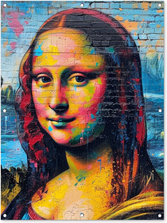 Tuinposter 90x120 cm - Tuindecoratie - Graffiti - Mona Lisa - Streetart - Da Vinci - Oude meesters - Poster voor in de tuin - Buiten decoratie - Schutting tuinschilderij - Muurdecoratie - Tuindoek - Buitenposter..
