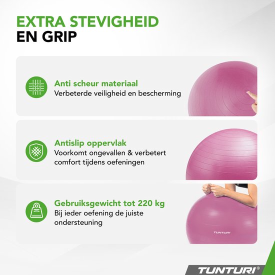 Tunturi Anti-Burst Fitness Ball 75 Cm Avec Pompe - Ballon De Yoga, Pilates, Grossesse & Bureau - Charge Max 220 Kg - Menthe - Incl. Appli Entraînement
