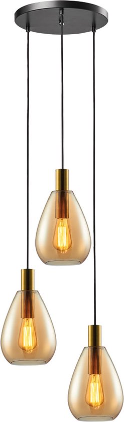 Moderne Hanglamp Dorato | 3 lichts | goud / zwart | glas amber / metaal | Ø 18,5 cm | in hoogte verstelbaar tot 185 cm | eetkamer / eettafel lamp | modern / sfeervol design | getrapt