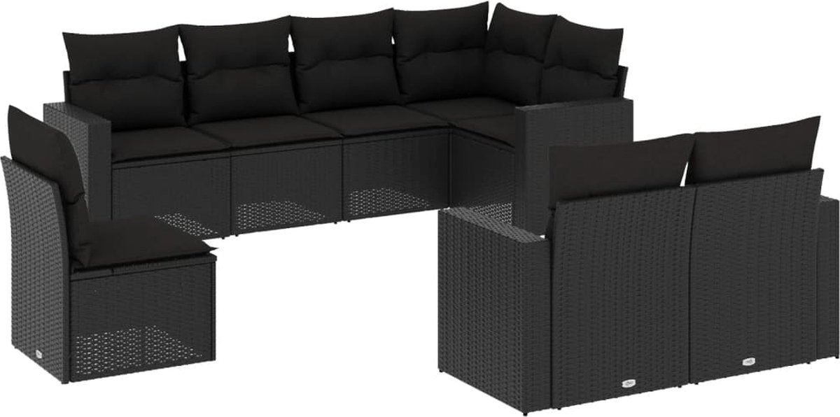 vidaXL 8-delige - Loungeset - met - kussens - poly - rattan - zwart