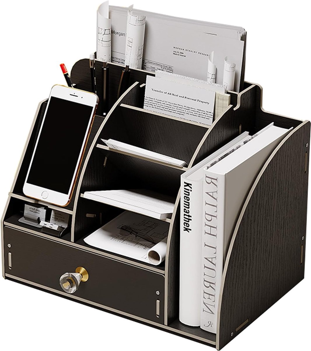Houten Bureau-organizer, multifunctionele doe-het-zelf bureau-organizer en accessoires, desktop-briefpapier, thuiskantoor kunstbenodigdheden opslag met lade (zwart)