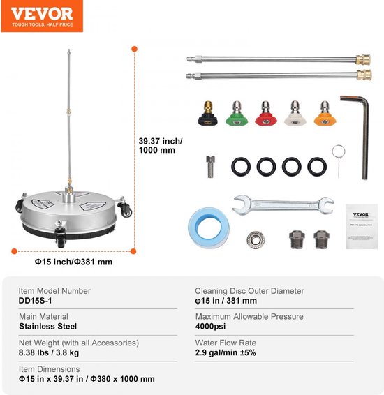 hogedrukreiniger RVS oppervlaktereiniger 3,7L/min oppervlaktereiniger hogedruk φ380mm bestratingsreinigingsapparaat Max.4000PSI terrasreiniger dubbel sproeisysteem 0°/15°/25°/40°/65° spuithoek — afbeelding 4