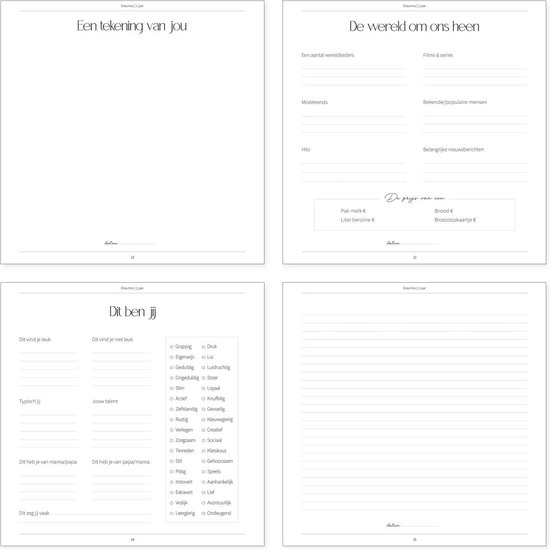 Vier pagina's van een opgroeiboek met de titels 'Een tekening van jou', 'De wereld om ons heen', 'Dit ben jij' en 'Dit vind je niet leuk'.