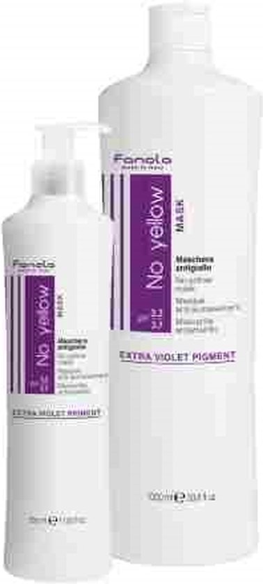 Twee witte flessen met paarse labels: "No Yellow Mask" Extra Violet Pigment.