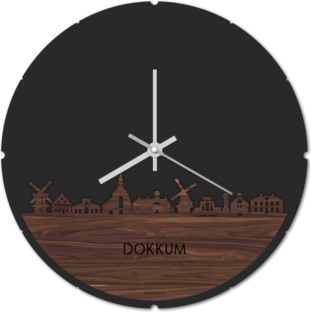 Skyline Klok Rond Dokkum Notenhout - Ø 44 cm - Stil uurwerk - Wanddecoratie - Meer steden beschikbaar - Woonkamer idee - Woondecoratie - City Art - Steden kunst - Cadeau voor hem - Cadeau voor haar - Jubileum - Trouwerij - Housewarming -