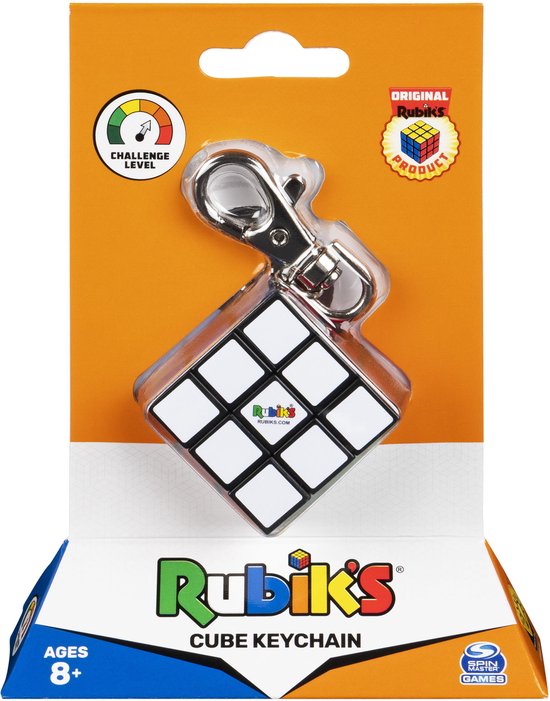 Rubik's Cube sleutelhanger in oranje verpakking met 'Challenge Level' indicator en het Rubik's logo.
