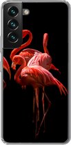 Geschikt voor Samsung Galaxy S22 hoesje - Flamingo's - Vogels - Veren - Zwart - Siliconen Telefoonhoesje