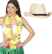 Toppers in concert - Carnaval verkleedset - Tropical Hawaii party - stro cowboy hoed - en volle bloemenslinger geel - voor volwassenen