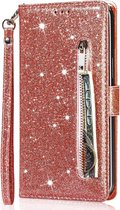 Portemonnee Hoesje - Wallet Case - Rits Sparkly Glitter - Telefoonhoes met Kord Geschikt voor: Samsung Galaxy S22 Plus - Rosegoud