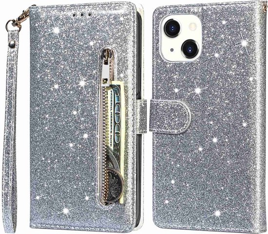 Étui portefeuille - Étui portefeuille - Glitter éclair à paillettes scintillantes - Étui de téléphone avec Kord Convient pour : Apple iPhone 14 - Argent