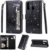 Portemonnee Hoesje - Wallet Case - Rits Sparkly Glitter - Telefoonhoes met Kord Geschikt voor: Samsung Galaxy M11 - Zwart