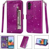 Portemonnee Hoesje - Wallet Case - Rits Sparkly Glitter - Telefoonhoes met Kord Geschikt voor: Samsung Galaxy A54 - Paars