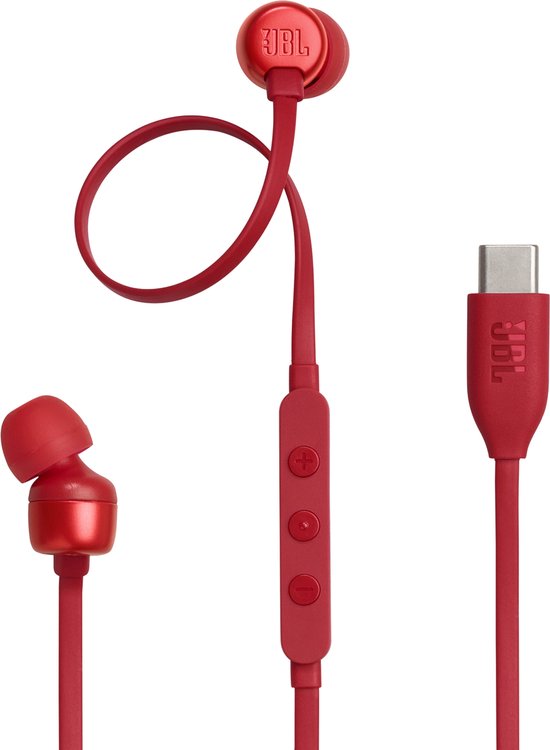 JBL Tune 310C - USB-C Oordopjes voor iPhone 15, 16 & 17 - Bedrade In-ear met Microfoon - Oortjes Bedraad - JBL Pure Bass - Android & Laptop - Rood
