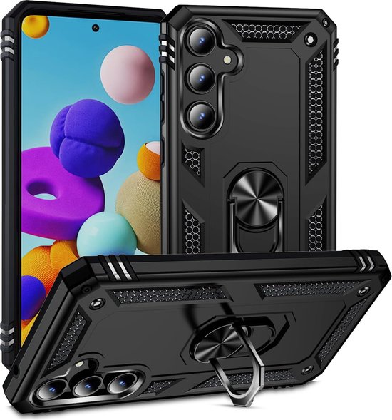 Coque de téléphone noire avec support anneau, présentée avec un smartphone et sous différents angles.
