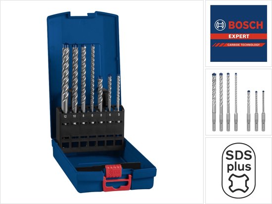 Bosch EXPERT boorset in blauwe koffer, met naastgelegen afbeeldingen van boren.