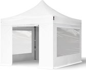3x3 m Easy Up partytent Vouwpaviljoen PVC brandvertragend met zijwanden (2 panorama), PREMIUM staal 40mm, wit