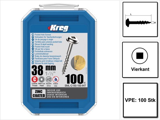 KREG Vis à tête cylindrique Pocket-Hole 38mm 100 pcs. ( SML-C150-100 ) Carré d'entraînement Filetage partiel Filetage grossier Autotaraudeur galvanisé