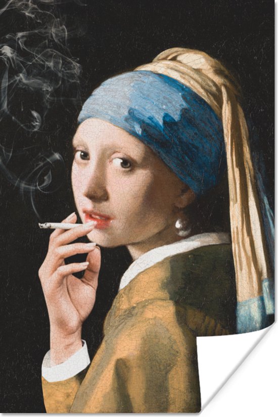 Meisje met de parel van oude meester Johannes Vermeer met een sigaret 20x30 cm - klein - Foto print op Poster (wanddecoratie woonkamer / slaapkamer)