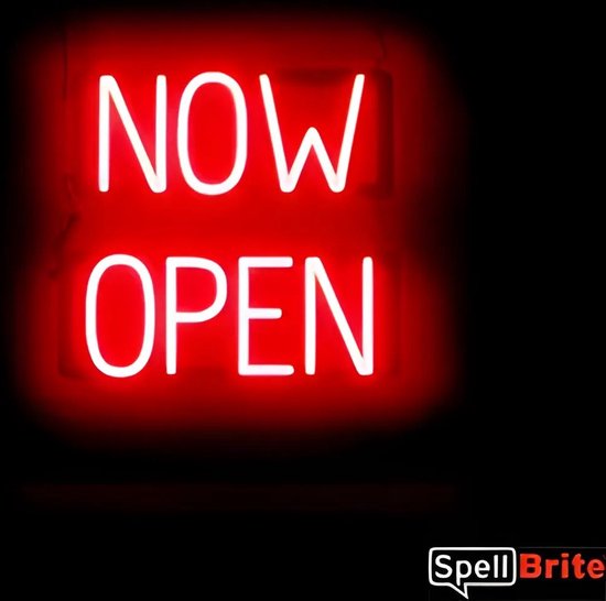 NOW OPEN - Lichtreclame Neon LED bord verlicht | SpellBrite | 42 x 38 cm | 6 Dimstanden - 8 Lichtanimaties | Reclamebord neon verlichting