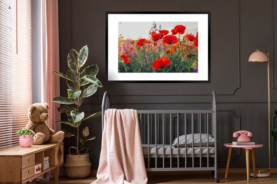 Fotolijst incl. Poster - Klaproos - Bloemen - Rood - Paars - Weide - 120x80 cm - Posterlijst