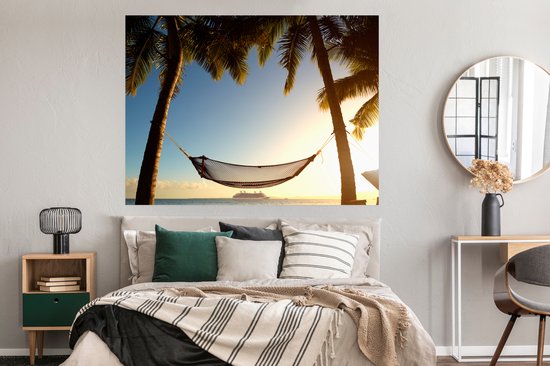 Hamac suspendu entre les palmiers Poster 160x120 cm - Tirage photo sur Poster (décoration murale salon / chambre) XXL / Grand format! / Mer et plage
