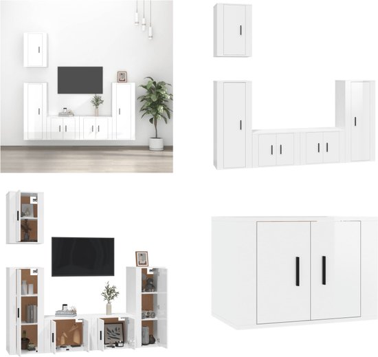vidaXL 5-delige Tv-meubelset bewerkt hout hoogglans wit - Tv-kast - Tv-kasten - Tv-meubel - Hifi-meubel