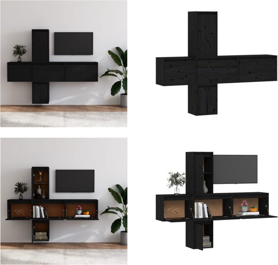 vidaXL Tv-meubelen 5 st massief grenenhout zwart - Tv-kast - Tv-kasten - Tv-meubel - Hifi-meubel