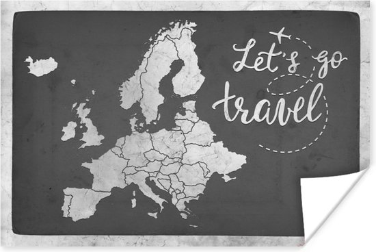 Poster Vintage Europakaart met de tekst Let's go travel - zwart wit