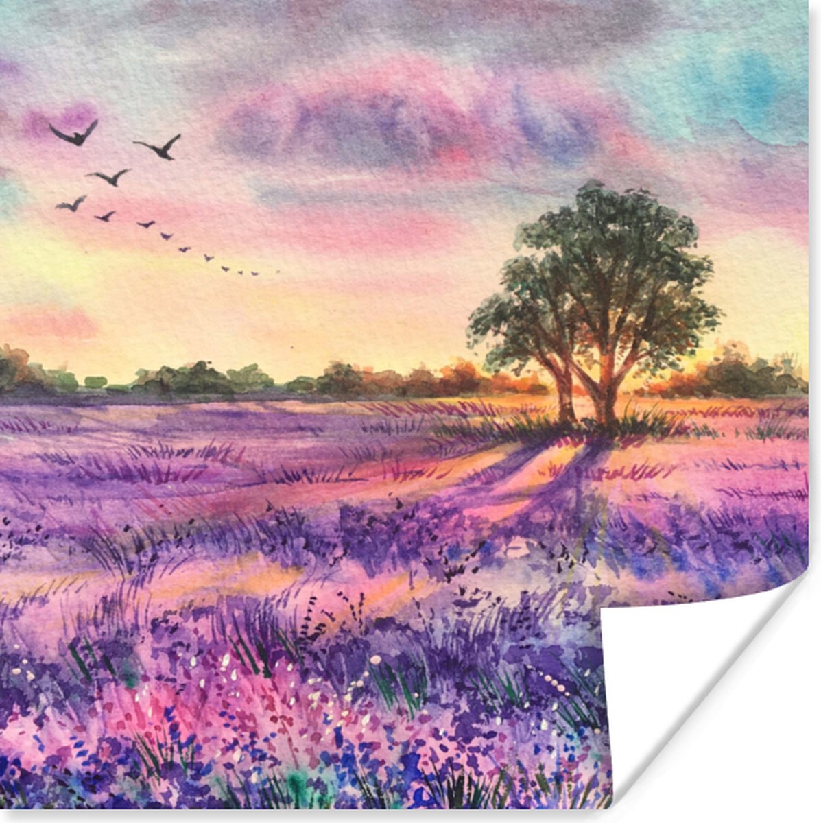 Poster Lavendel - Verf - Vogels - Bomen - Paars - 50x50 cm