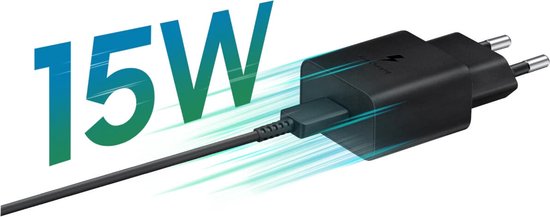 Zwarte Samsung snellader met kabel, met grote tekst '15W' die snelheid aangeeft.