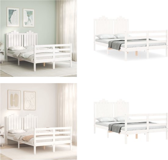 vidaXL Bedframe met hoofdbord massief hout wit 4FT Small Double - Bedframe - Bedframes - Bed - Tweepersoonsbed