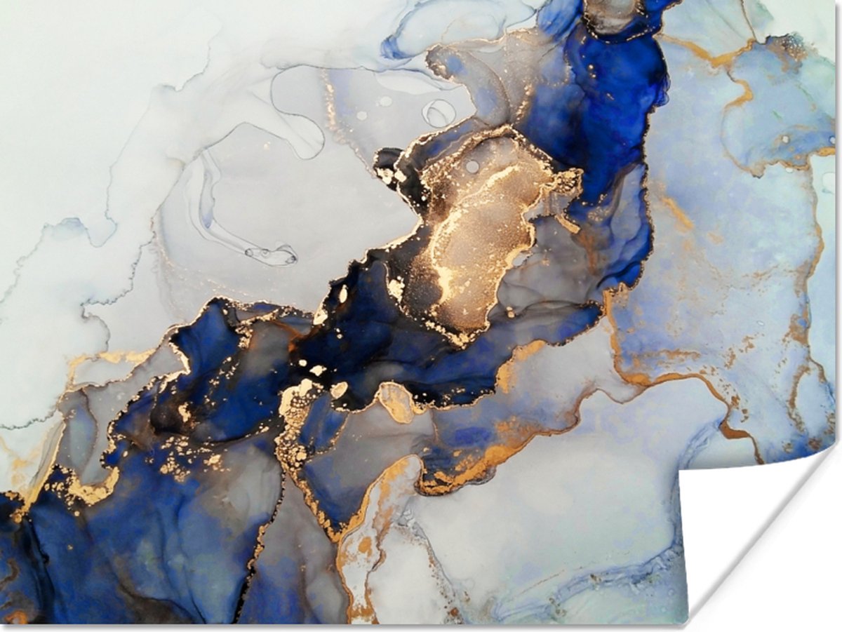 Poster Marmer - Blauw - Goud - 80x60 cm