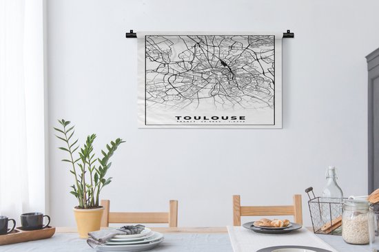 Wandkleed - Wanddoek - Kaart - Stadskaart - Frankrijk - Toulouse - Plattegrond - Zwart wit - 90x60 cm - Wandtapijt