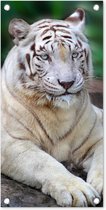 Tuinposter Witte tijger - Boomstam - Bos - 30x60 cm - Tuindoek - Buitenposter