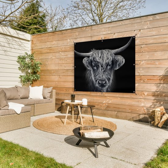 Affiche de jardin Highlander écossais - Zwart - Vache - Animaux - 130x90 cm - Décoration murale extérieure - Affiche de jardin - Toile de jardin - Affiche de clôture - Peinture de jardin