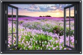 Tuinposter Doorkijk - Bloemen - Landschap - Raam - 120x80 cm - Tuindoek - Buitenposter