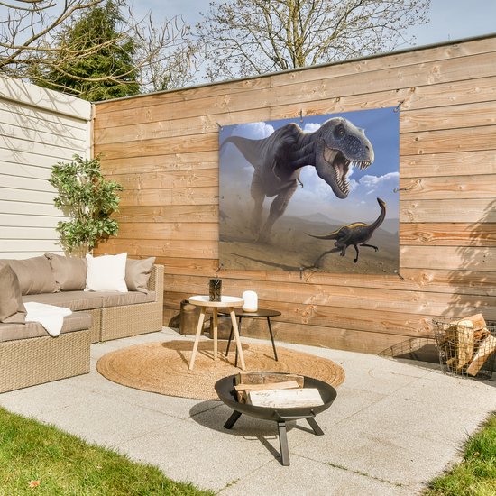 Affiche de jardin Dino - Animaux sauvages - Dessin - Enfants - Garçons - Enfants - 130x90 cm - Décoration murale Extérieur - Affiche de jardin - Toile de jardin - Affiche de clôture - Peinture de jardin