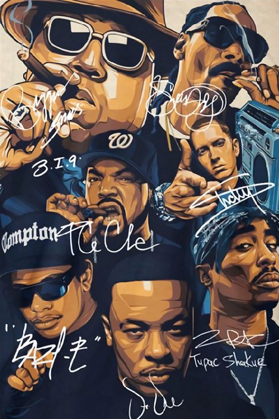 Allernieuwste.nl® Peinture sur toile Hip Hop Legends 2PAC, Dr Dre, Snoop Dogg, Emenim, Biggie, Tupac, Ice Cube - avec signatures - Musique old school - Affiche - 70 x 100 cm - Couleur