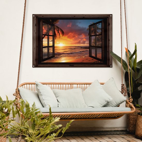 Poster de jardin Coucher de soleil - Vue - Plage - Palmiers - Mer - Fenêtre marron foncé - 120x80 cm - Toile de jardin - Poster extérieur
