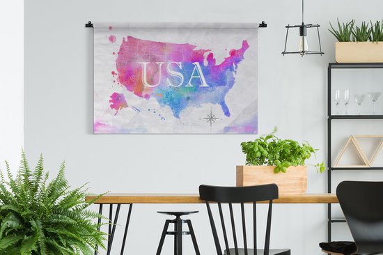 Wandkleed - Wanddoek - Wereldkaart - Waterverf - Verenigde Staten - 150x100 cm - Wandtapijt
