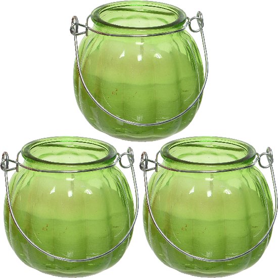 Decoris citronella kaarsen - 3x - in gekleurd glas - 15 branduren - 8 cm - groen