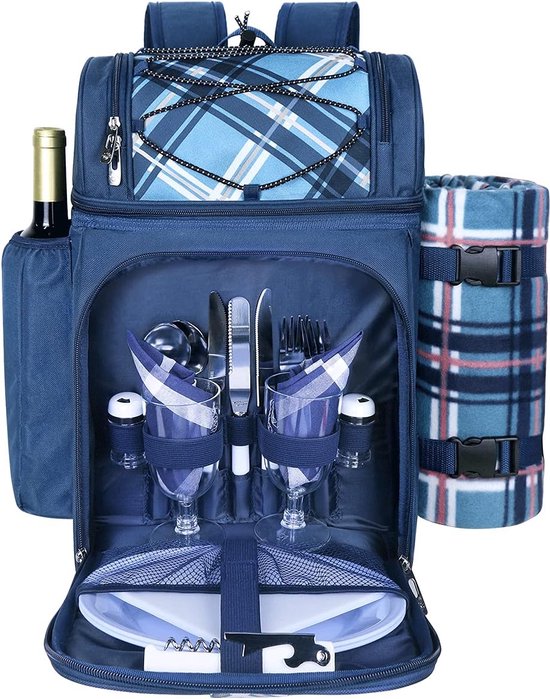 Hap Tim Picknickrugzak voor 4 personen, met geïsoleerde lekvrije koeltas, wijnhouder, fleece deken, bestekset, camping, cadeau voor familie en geliefden (EU-36079