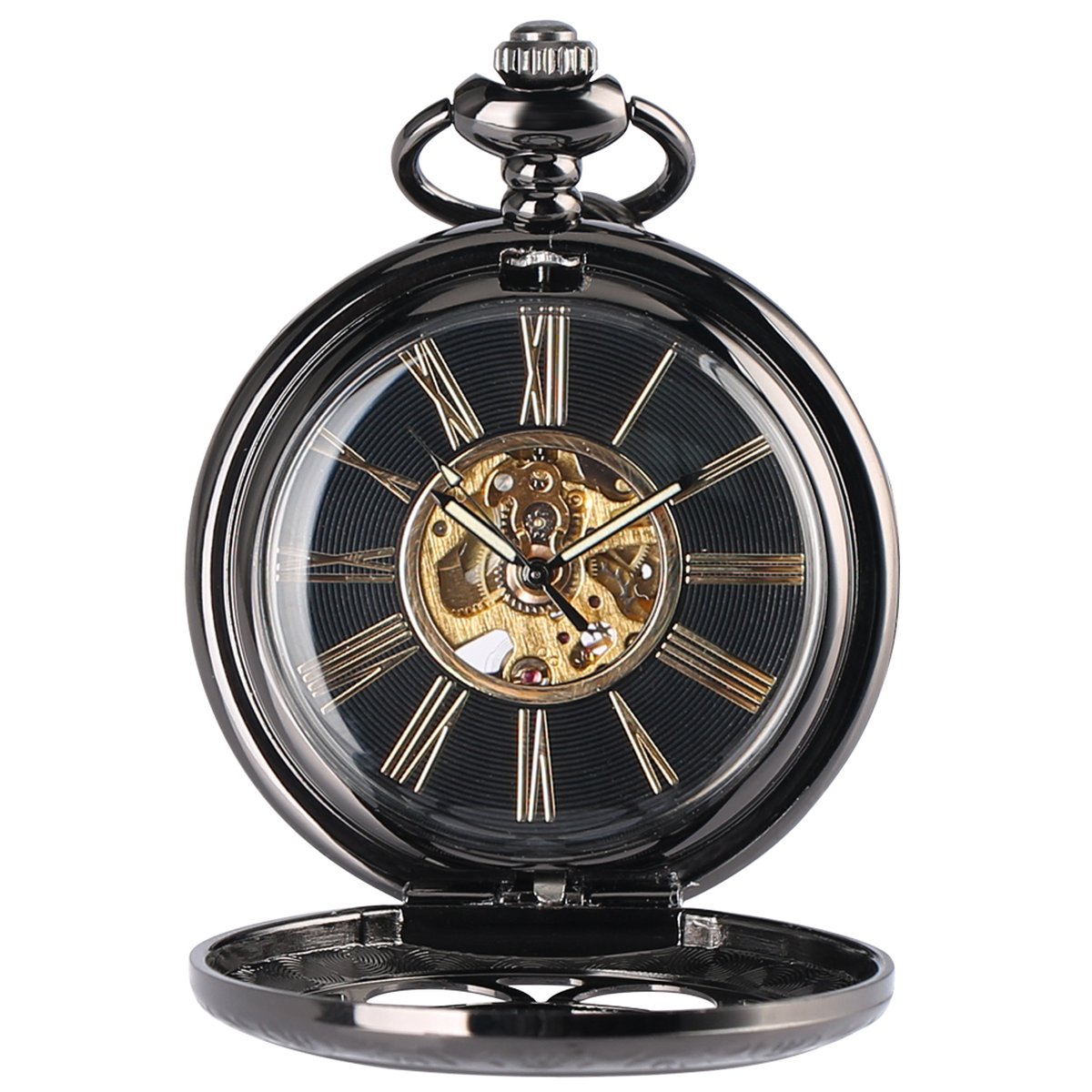 GWS Zakhorloge Mechanisch Steampunk Vintage Skeleton - Met ketting - Mechanisch zwart Steampunk Zakhorloge met handmatige opwinding